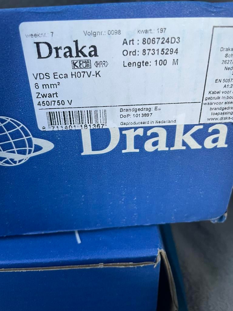 Draka Soepel Draad 6 mm 100 meter.. Zwart en Blauw, Doe-het-zelf en Verbouw, Elektra en Kabels, Ophalen of Verzenden, Nieuw, Kabel of Snoer