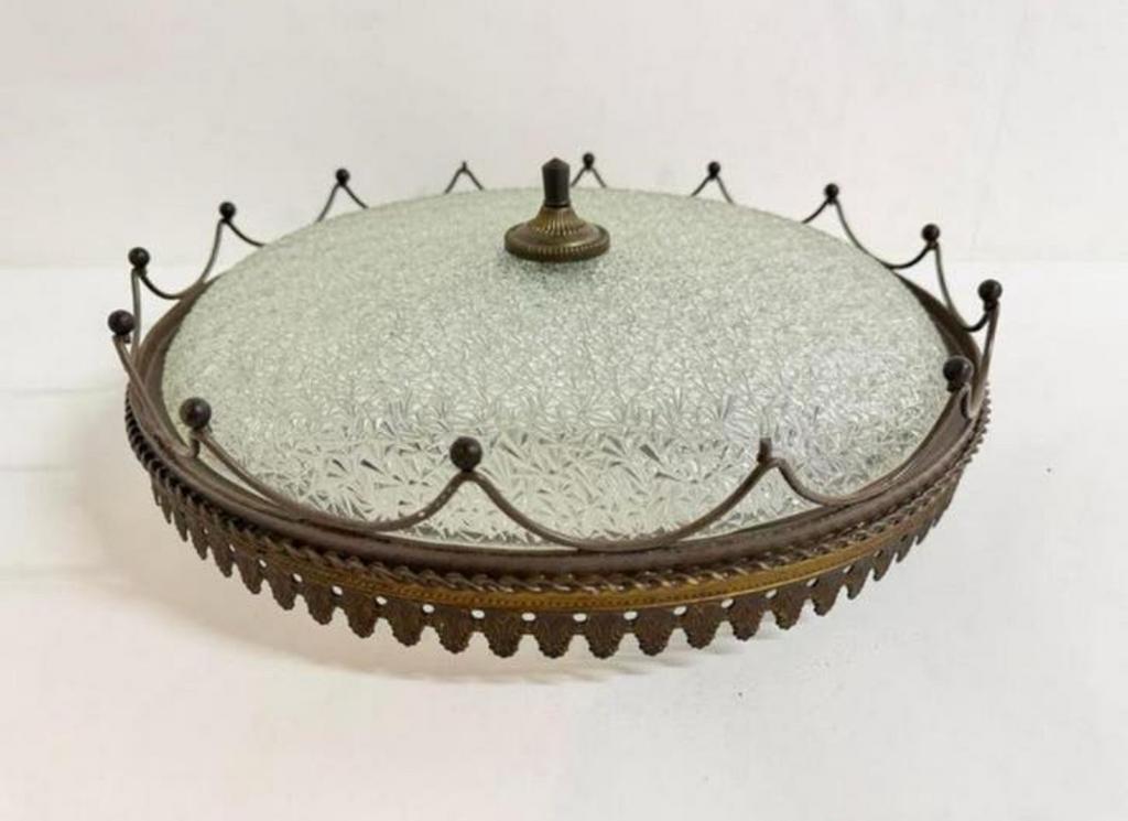 Vintage plafondlamp sierlijk messing + ijsglas kap Ø 40 cm, Ophalen of Verzenden