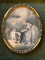 Oude ovale lijst : kind met hond, Antiek en Kunst, Ophalen of Verzenden
