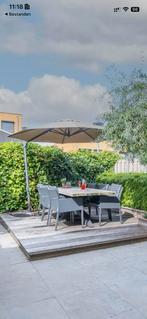 Tuinset robuust teak, 6 stoelen en parasol, Tuin en Terras, Tuinsets en Loungesets, Ophalen, Zo goed als nieuw, Hout, Eettafel