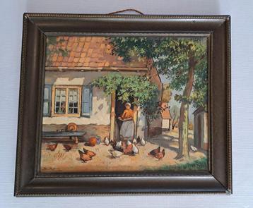 B.v. Reenen oud Hollands schilderij paneel erf kippen paneel beschikbaar voor biedingen