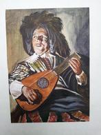 Schilderij op papier Troubadour, Luitspeler J Rietmeijer '41, Antiek en Kunst, Ophalen of Verzenden