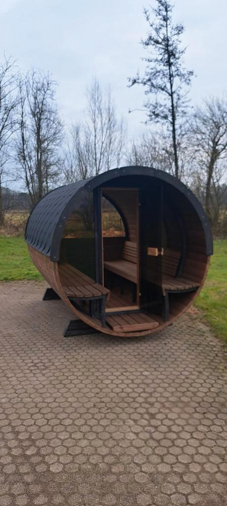 Panorama barrelsauna uit duurzaam thermohout, vele opties, Sport en Fitness, Sauna, Nieuw, Complete sauna, Fins of Traditioneel