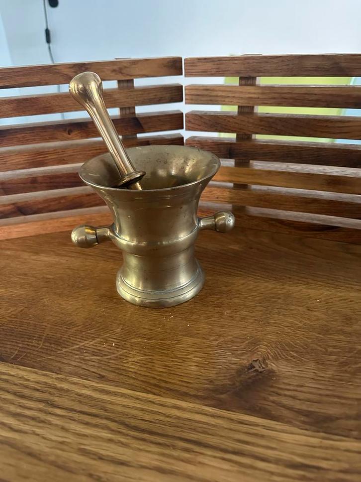 Authentieke Messing Vijzel met Stamper, Antiek en Kunst, Antiek | Koper en Brons, Koper, Ophalen of Verzenden