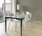Moderne eettafel, melkglazen blad met rvs onderstel, Huis en Inrichting, Tafels | Eettafels, Ophalen, Gebruikt, 50 tot 100 cm