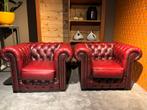 Chesterfield Clubfauteuils Antiekrood Leer, Gebruikt, Klassiek Engels Chique, Leer, 75 tot 100 cm