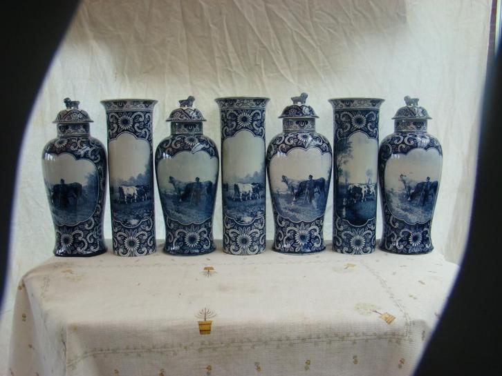 Koeien / Boeren  ( 7 Delig Delfs kaststel Antiek, Antiek en Kunst, Antiek | Vazen, Ophalen of Verzenden