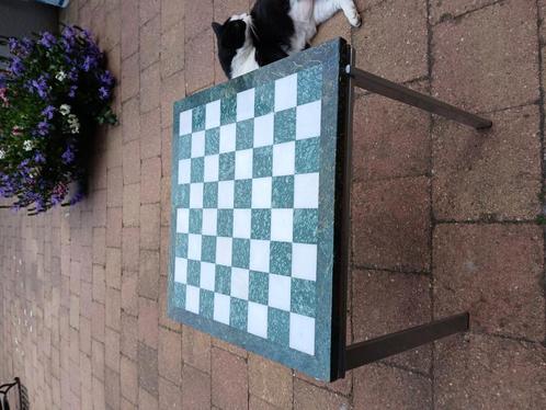 Retro  natuursteen marmeren schaak tafel met chromen onderst, Huis en Inrichting, Tafels | Bijzettafels, Zo goed als nieuw, Rechthoekig