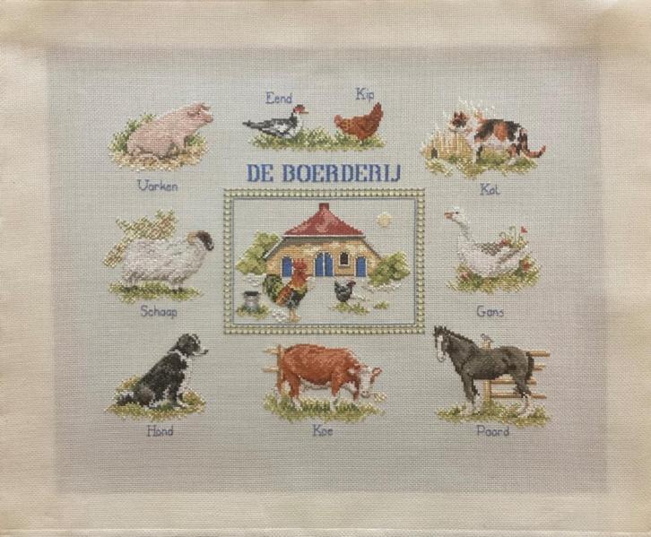 Borduurwerk, zijde, boerderij, dieren, vintage, Hobby en Vrije tijd, Borduren en Borduurmachines, Gebruikt, Overige typen, Handborduren