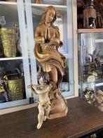 gebeeldhouwde biddende Madonna met houten engel 43cm, Ophalen of Verzenden