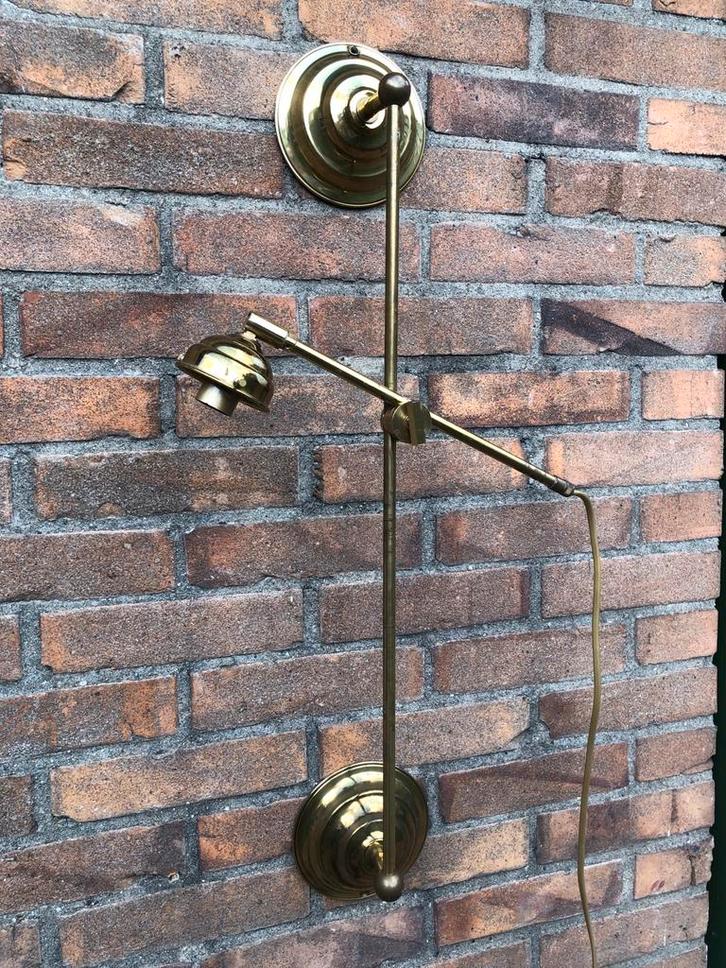 Vintage messing wandlamp met verstelbare arm, Huis en Inrichting, Lampen | Wandlampen, Gebruikt, Metaal, Ophalen