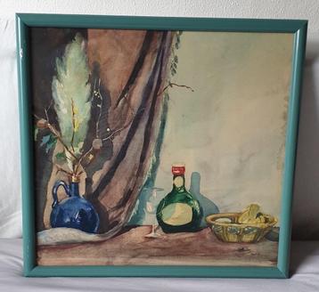 Stilleven met kruik, fles en schaal, aquarel. beschikbaar voor biedingen