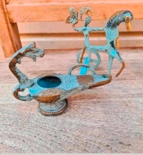 Antieke Bronzen Olielamp met Draak en Wagen, Antiek en Kunst, Antiek | Koper en Brons, Brons, Ophalen of Verzenden