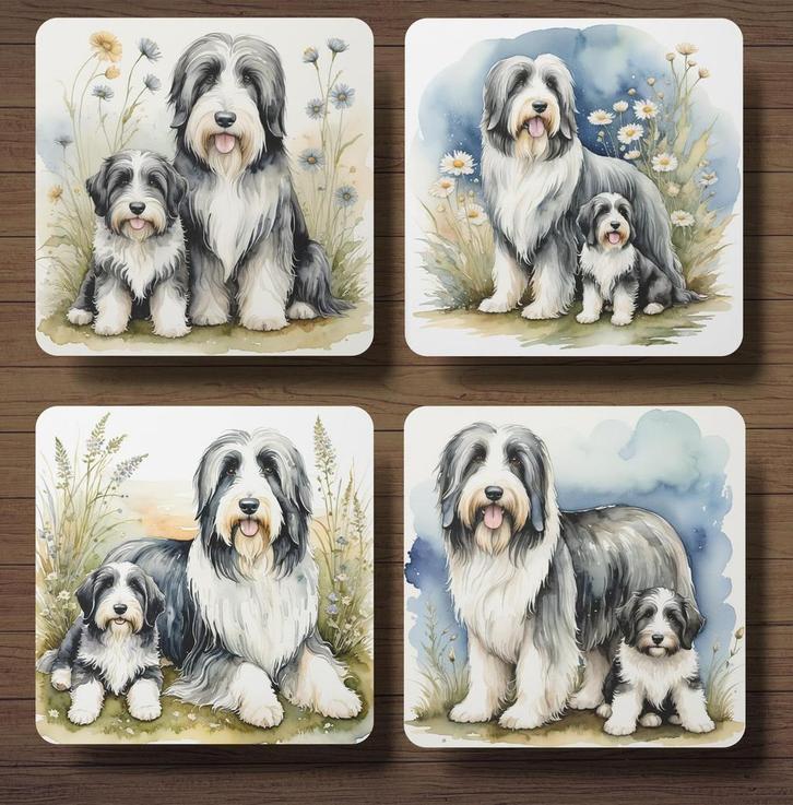 Bearded Collie met puppy’s onderzetters met houder, Huis en Inrichting, Woonaccessoires | Onderzetters, Nieuw, Glas of Kopje, Ophalen of Verzenden