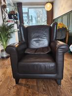 Donker bruine leren fauteuil, Huis en Inrichting, Fauteuils, Ophalen, Zo goed als nieuw, 75 tot 100 cm, 50 tot 75 cm