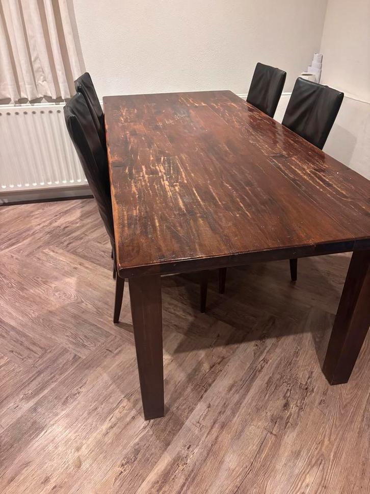 Houten Eettafel + 6 leren stoelen - 6 persoons, Huis en Inrichting, Tafels | Eettafels, Gebruikt, 50 tot 100 cm, 200 cm of meer
