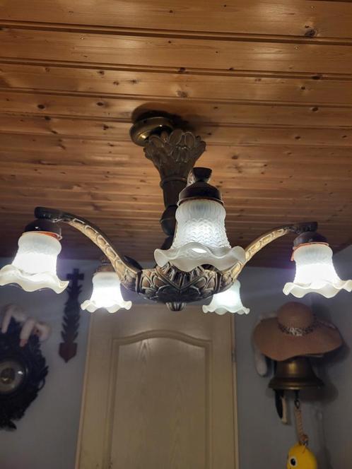 Zeldzame art deco antieke massieve 5 armige kroonluchter, Antiek en Kunst, Antiek | Lampen, Ophalen