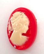 Vintage grote Camee Broche Gemarmerd Celluloid rood met wit, Verzenden, Zo goed als nieuw