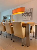 Eiken Eethoek met 6 leren fauteuil stoelen, Modern design, Gebruikt, 200 cm of meer, Vijf personen of meer