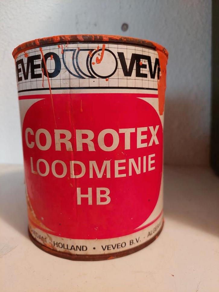 Oude Loodmenie Verf - Bijna Vol, Doe-het-zelf en Verbouw, Verf, Beits en Lak, Gebruikt, Verf, Minder dan 5 liter, Oranje, Ophalen of Verzenden