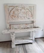 Antieke brocante Franse werkbank in de oude verf sidetable., Antiek en Kunst, Ophalen