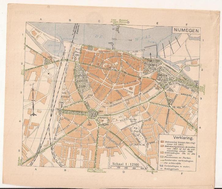 Nijmegen. Plattegrond / kaartje ANWB Nijmegen ca. 1925, Antiek en Kunst, Kunst | Etsen en Gravures, Ophalen of Verzenden
