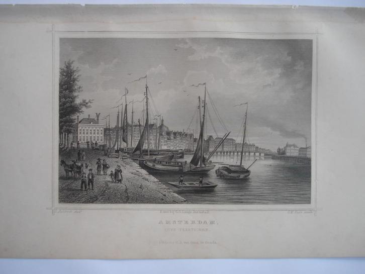 003 Amsterdam Oude Teertuinen Staalgravure 1860, Antiek en Kunst, Kunst | Etsen en Gravures, Ophalen of Verzenden