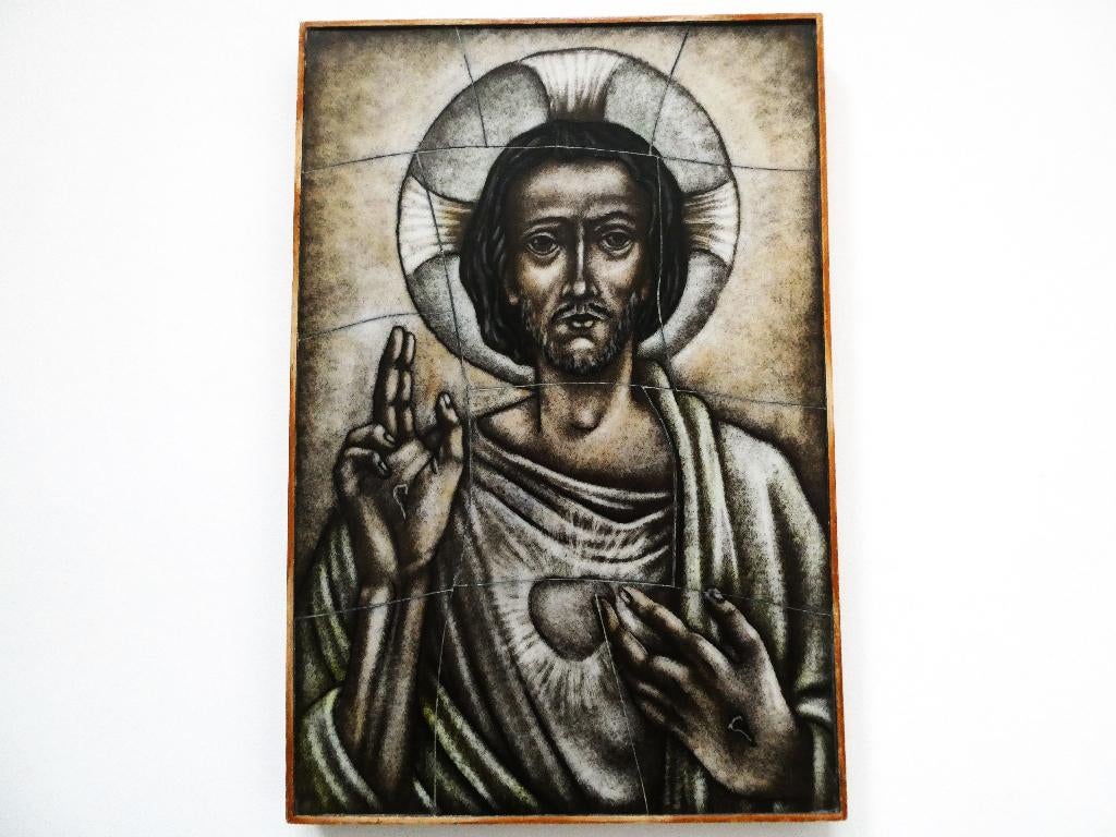 Opaline gebrandschilderd glazen icoon met Jezus Heilig Hart, Ophalen of Verzenden