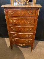 Antieke gebogen marqueterie ladenkast met marmer blad, Ophalen