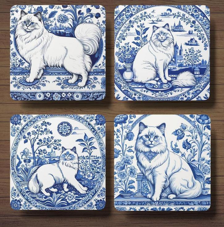 Heilige Birmaan Delfts Blauw onderzetters met houder, Huis en Inrichting, Woonaccessoires | Onderzetters, Nieuw, Glas of Kopje