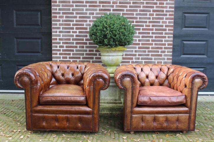 prachtig geleefde Chesterfield fauteuils - origineel Engels, Huis en Inrichting, Fauteuils, Gebruikt, Leer, 75 tot 100 cm, Minder dan 75 cm