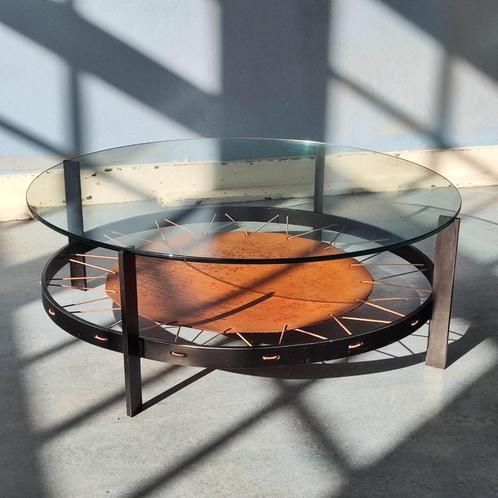 Vintage Nederlands design salontafel glas leer metaal, Huis en Inrichting, Tafels | Salontafels, Gebruikt, Minder dan 50 cm, 50 tot 100 cm