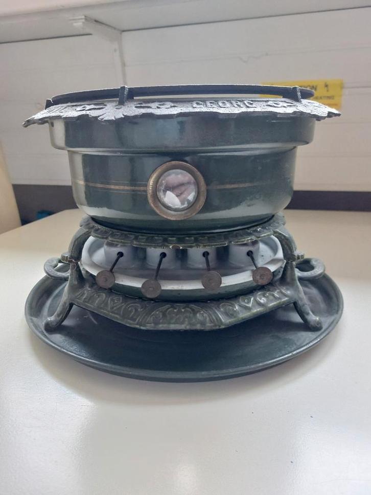 Emaille oliestel vierpits donkergroen met gouden bies, Antiek en Kunst, Antiek | Emaille, Ophalen