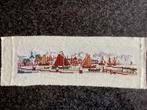 Borduurwerk, zijde, schip, stadsgezicht, vintage, Ophalen