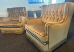 Set van 2 prachtige olijfgroene fauteuils met franjes, Huis en Inrichting, Fauteuils, Ophalen of Verzenden, Zo goed als nieuw