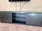 Televisiemeubel grijs hoogglans met glasplaat en kasten, Ophalen, Glas, 150 tot 200 cm, Zo goed als nieuw