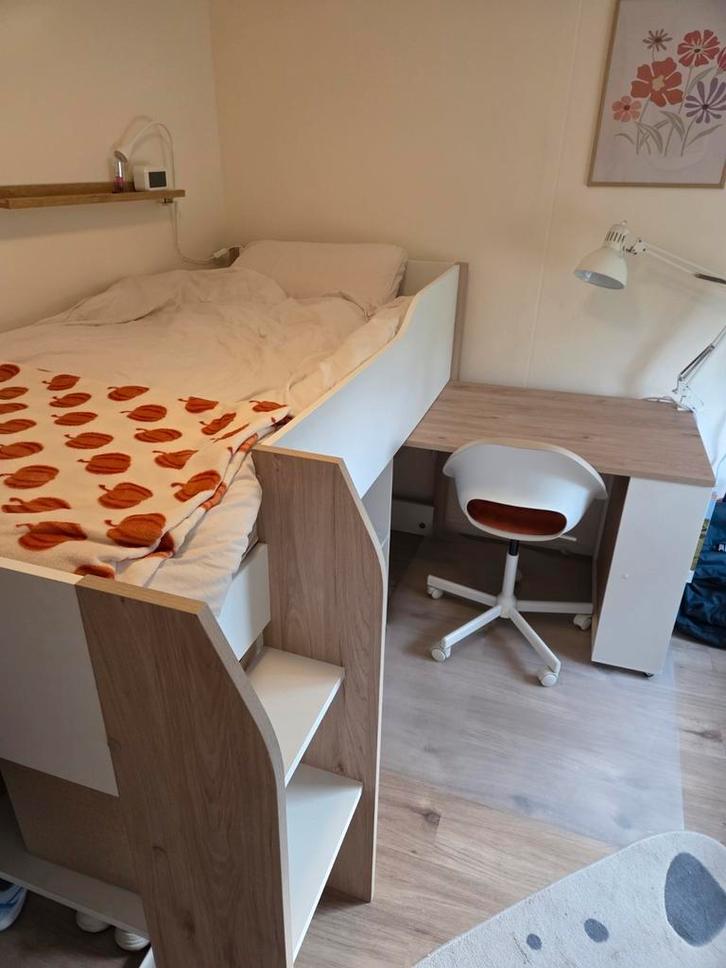 Halfhoogslaper Moscon 90x200 met Bureau - Wit/Eik, Kinderen en Baby's, Kinderkamer | Stapelbedden en Hoogslapers, Halfhoogslaper