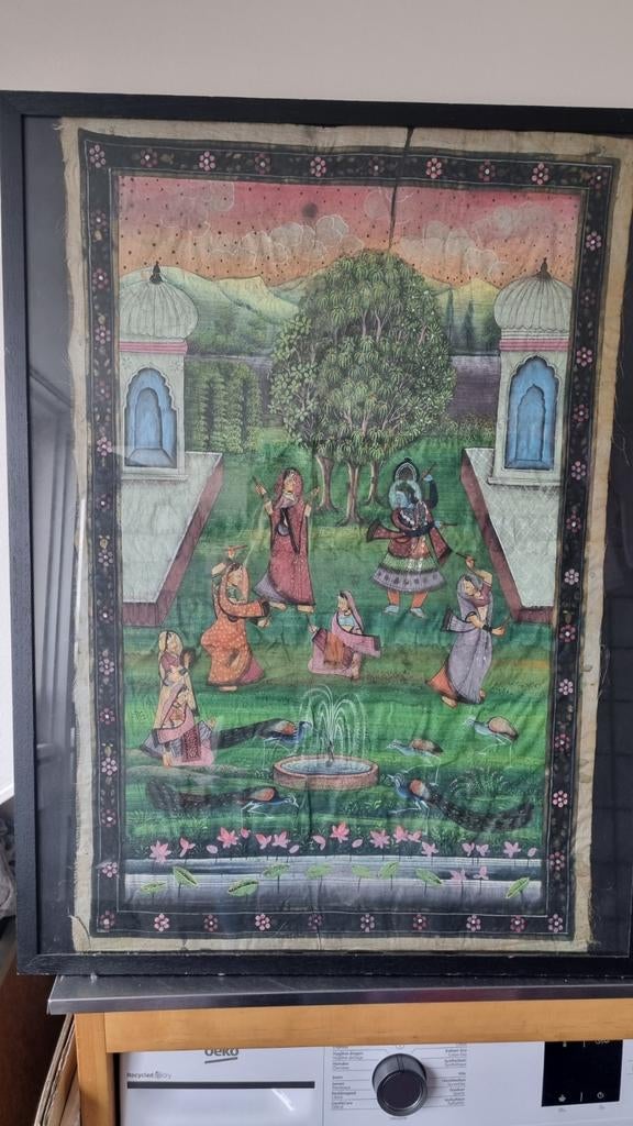 Antieke oosterse India schildering op zijde in lijst, Antiek en Kunst, Ophalen