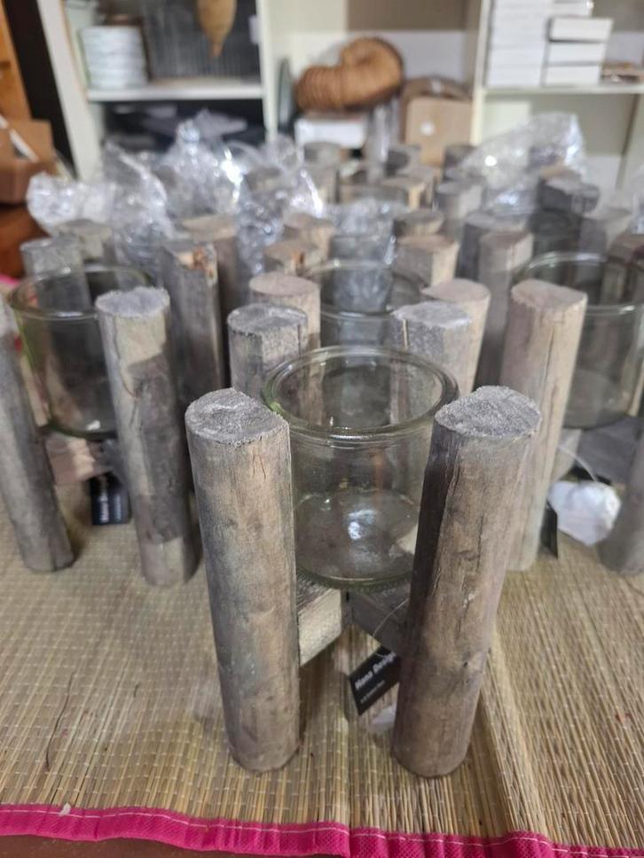 Partij houten kaarsenhouders met glas – 11 stuks, Huis en Inrichting, Woonaccessoires | Kandelaars en Kaarsen, Nieuw, Minder dan 25 cm