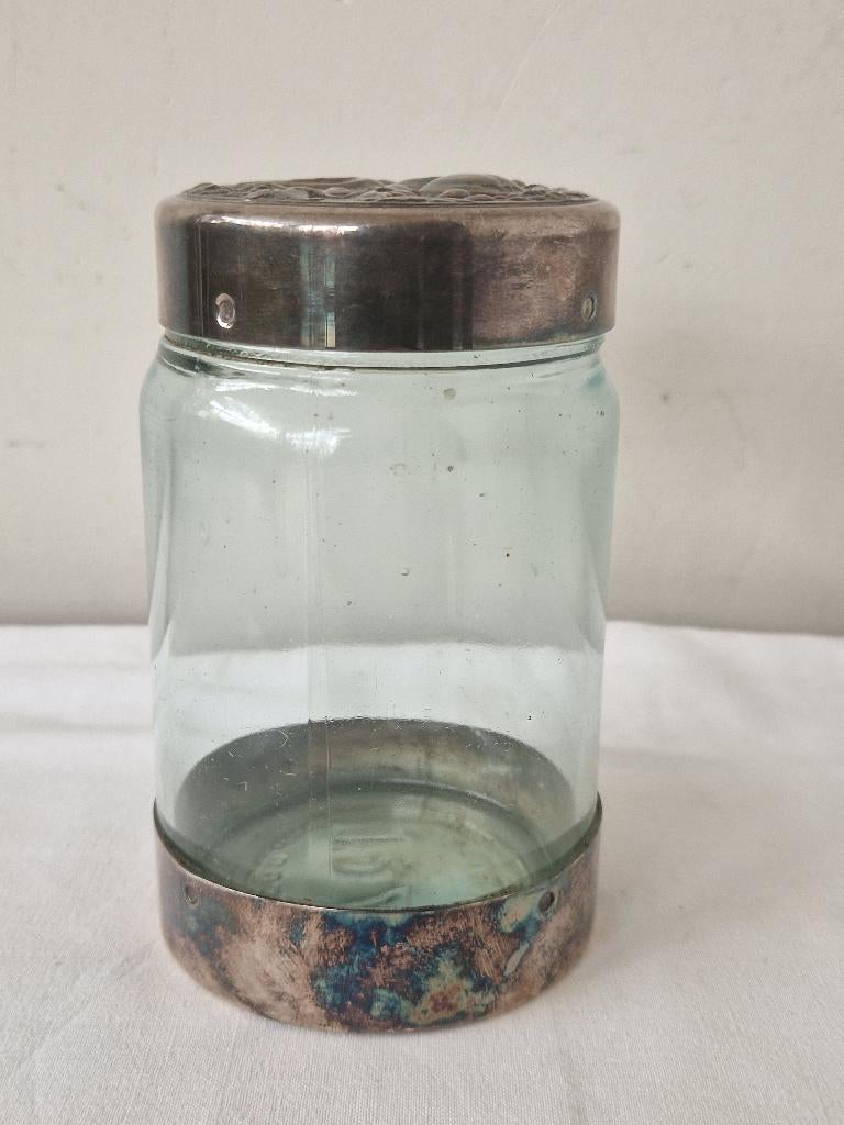 Glazen jampot in verzilverde houder. Jaren 50/60, Huis en Inrichting, Overige materialen, Gebruikt, Overige typen, Ophalen of Verzenden