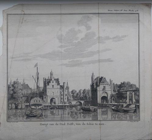 14 / Gezicht van stad Delft van de Schie te zien van Philips, Antiek en Kunst, Kunst | Etsen en Gravures, Ophalen of Verzenden
