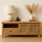 Japandi Teak Media Console met Rotan Deuren, Huis en Inrichting, Kasten | Dressoirs, Ophalen, Japandi, Teakhout, Nieuw