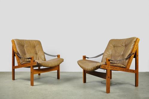 Torbjørn Afdal / vintage Scandinavische safari fauteuils 70s, Huis en Inrichting, Fauteuils, Gebruikt, Hout, Leer, Overige materialen