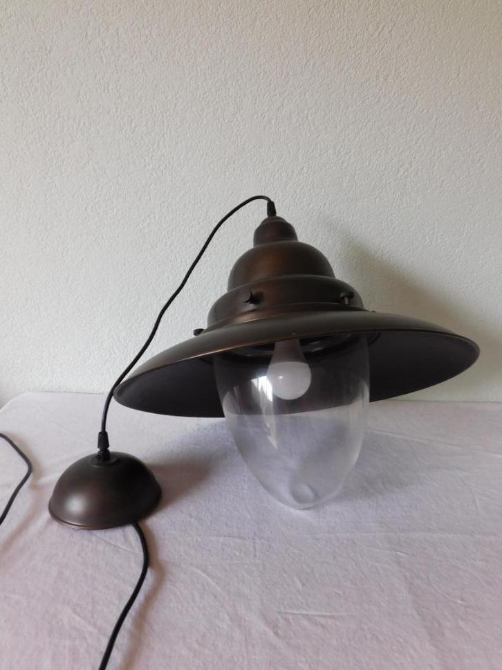 Vintage scheepslamp brons kleurig geborsteld met glazen kap, Huis en Inrichting, Lampen | Hanglampen, Gebruikt, Minder dan 50 cm