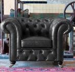 Nieuwe chesterfield fauteuil zwart 100% rundleer handgemaakt, Nieuw, Klassiek industrieel, Leer, Ophalen of Verzenden