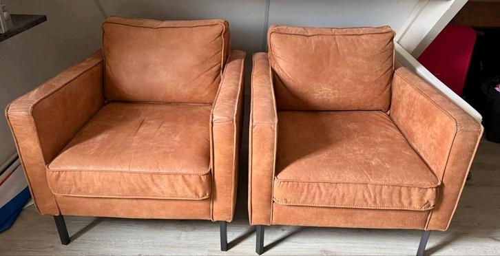 2 Mooie Fauteuils van meubelzaak, Huis en Inrichting, Fauteuils, Gebruikt, Leer, Metaal, 75 tot 100 cm, 75 tot 100 cm, Ophalen