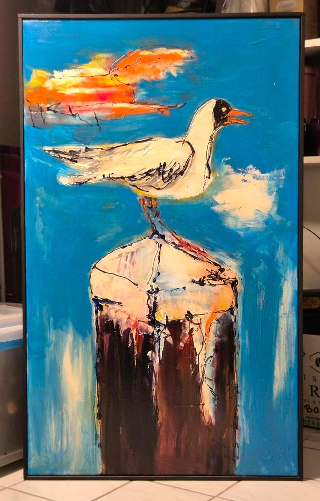 Schilderij van Arno Overdevest, meeuw op meerpaal, Antiek en Kunst, Kunst | Schilderijen | Modern, Ophalen