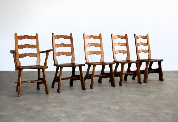 brutalist eetkamerstoelen | vintage stoelen | jaren 50 | eik, Huis en Inrichting, Stoelen, Gebruikt, Vijf, Zes of meer stoelen