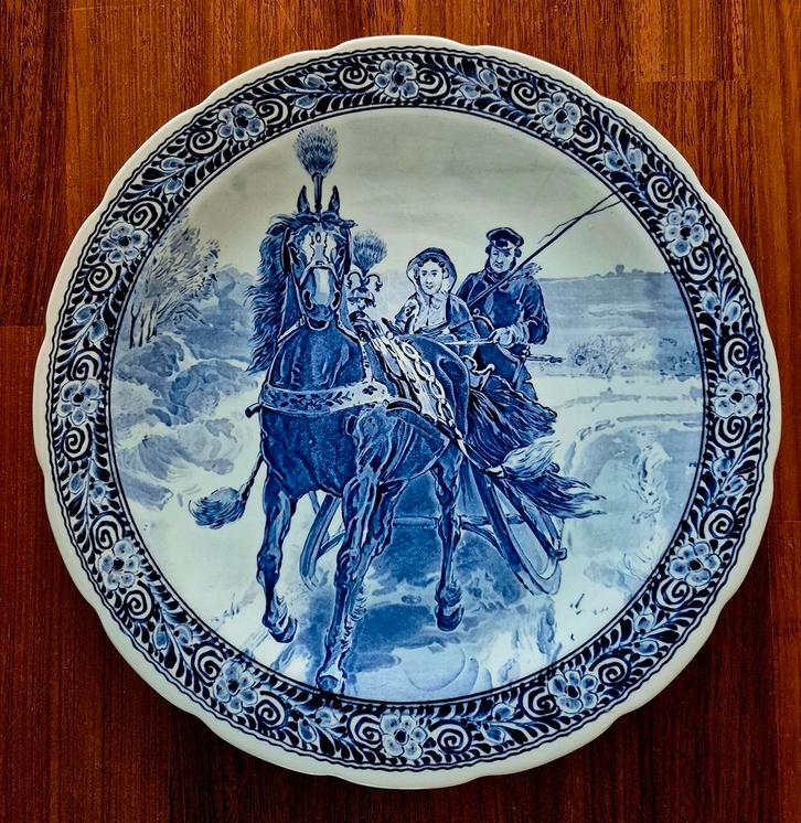 Groot Delfts blauw bord 40 cm - paard en wagen., Antiek en Kunst, Antiek | Wandborden en Tegels, Ophalen of Verzenden
