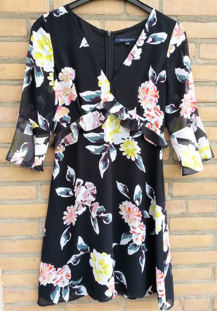 French Connection, jurk, maat s, crêpe, zwart met bloemen., Kleding | Dames, Jurken, Zo goed als nieuw, Maat 36 (S), Overige kleuren